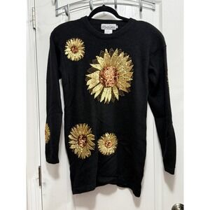 Vintage Alexa Grace Black Sequin Sunflower Sweater Small Lambswool Angora Beaded
